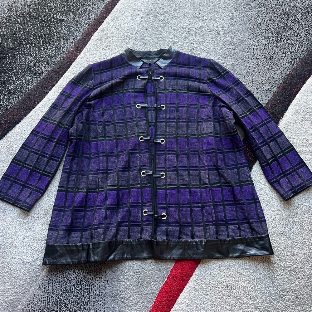Ming Wang Purple Faux Leather Trim Knit Cardigan
